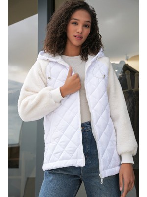 Gelirr 5201 Kolları Peluş Kapitone Mont - Beyaz