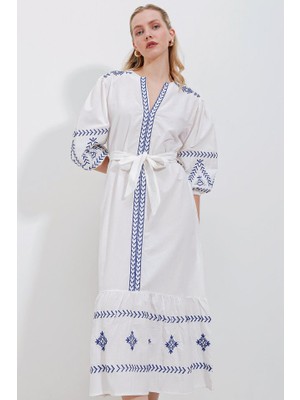 Gelirr 2479 Desenli Keten Elbise - Beyaz