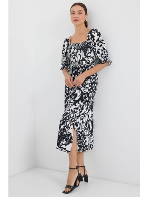 Gelirr 2512 Desenli Yırtmaçlı Elbise - Siyah
