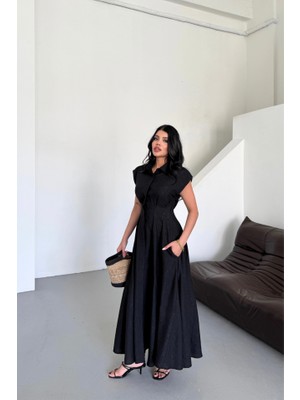 Gelirr Jakarlı Keten Elbise Önden Yırtmaçlı Cepli - Siyah