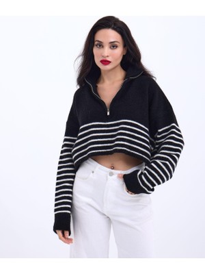 Gelirr 43311 Triko Çizgili Fermuarlı Crop-Siyah-Ekru