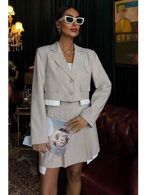 Gelirr Crop Ceketli ve Pile Etekli Garnili Takım 10111