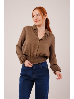 Gelirr Bel ve Bilek Lastikli Kahverengi Bluz