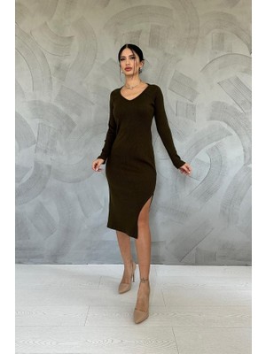 Gelirr Haki Eteği Yırtmaçlı Triko Elbise