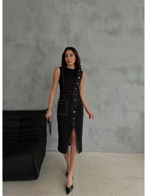 Gelirr Gabardin Kalem Elbise Düğme ve Yırtmaç Detaylı - Bej