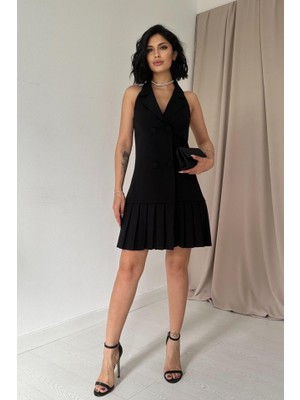 Gelirr Siyah Sırtı Açık Ceket Yakalı Elbise