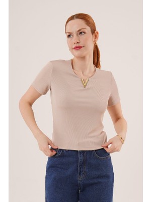 Gelirr Kısa Kollu Yaka Detaylı Kaşkorse Taş Bluz