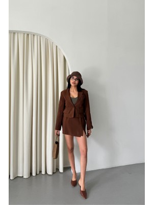 Gelirr Crop Ceket - Kısa Etek Takım - Kahverengi