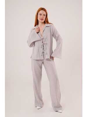 Gelirr Ön Bağlama Detaylı Pantolon ve Gömlek Gri Ikili Takım