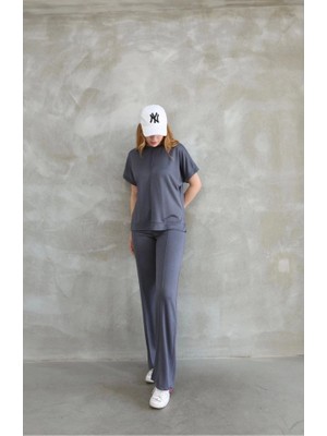 Gelirr Osy Modal Yumuşak Dokulu Kumaş Bisiklet Yaka Taş Detaylı Kısa Kollu Takım - Gri