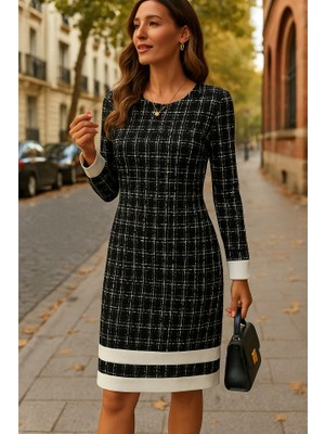 Gelirr Kadın Uzun Kollu Yuvarlak Yaka Etek Ucu Şerit Detaylı Kısa Dokuma Elbise