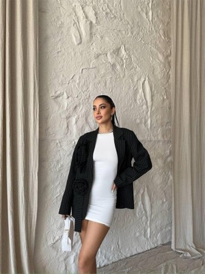 Gelirr Çizgili Polyviscon Ceket Gül Armalı - Siyah