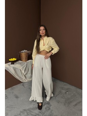 Gelirr Bej Paçası Fırfırlı Keten Pantolon