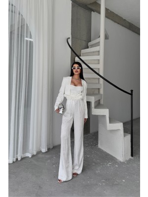 Gelirr Jakarlı Bluzu Tasarım Detaylı Ceket-Pantolon-Bluz 3 Lü Takım - Beyaz
