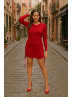 Gelirr Kadın Uzun Kol Büzgü Detaylı Sandy Kumaş Ayarlanabilir Boy Fırsat Ürün Elbise