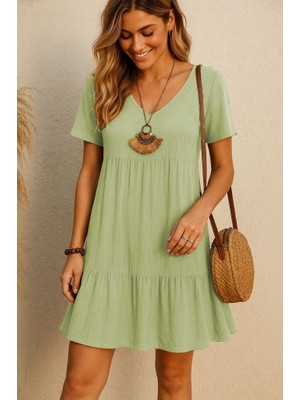 Gelirr Kadın Kısa Kollu V Yakalı Fırfırlı Bürümcük Elbise