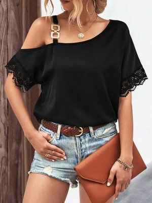 Gelirr Kadın Tek Omuzu Askılı Kısa Kollu Toka Detaylı Dantelli Viskon Bluz