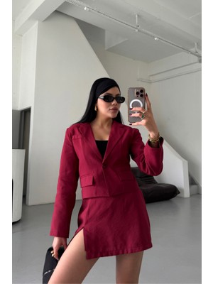 Gelirr Crop Ceket - Kısa Etek Takım - Bordo