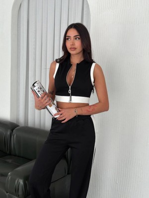 Gelirr Osy Modal Yumuşak Dokulu Kumaş Tam Fermuarlı Crop Pantalon Ikili Takım - Siyah