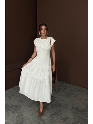 Gelirr Beyaz Büzgü Detaylı Keten Elbise