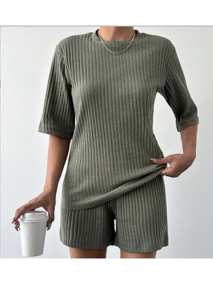 Gelirr Kadın Kısa Kollu Bisiklet Yaka Kaşkorse Bluz Şort Ikili Takım