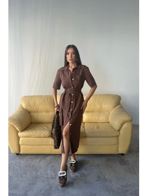 Gelirr Tencel Önden Düğmeli Kısa Kol Elbise - Kahverengi