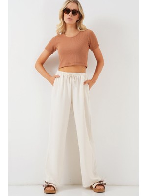 Gelirr Yüksek Bel Bol Paça Pantolon - Krem