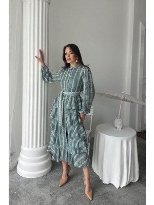 Gelirr Mint Uzun Volanlı Elbise