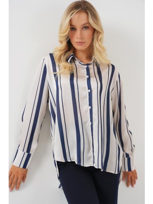 Gelirr Çizgili Uzun Saten Gömlek 20291 - Lacivert