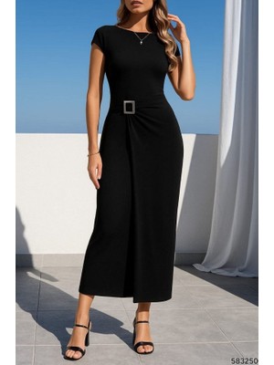 Gelirr Kadın Sandy Kumaş Metal Toka Detaylı Midi Boy Elbise