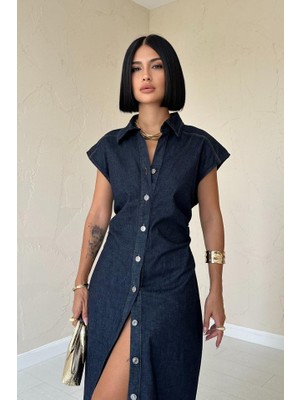 Gelirr Mavi Kolsuz Vatkalı Elbise