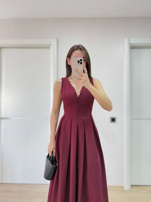 Gelirr V Yaka Uzun Kolsuz Elbise- Bordo