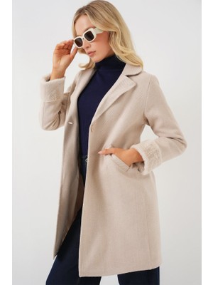 Gelirr 9145 Kolları Tüylü Balık Sırtı Kaşe Kaban - Krem