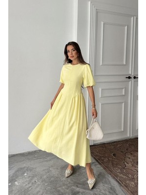 Gelirr Sarı Arkadan Bağlamalı Büzgülü Keten Elbise