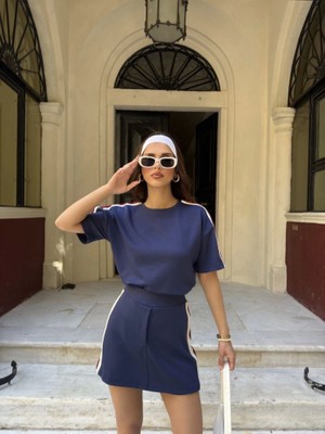Gelirr Osy Modal Yumuşak Dokulu Kumaş Parçalı Bisiklet Yaka T-Shirt Mini Şortlu Etek Ikili Takım -Lacivert