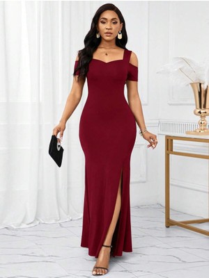 Gelirr Kadın Omuzlardan Açık Askılı Yırtmaç Detaylı Uzun Ithal Krep Elbise