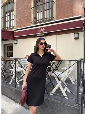 Gelirr Osy Modal Yumuşak Dokulu Kumaş Yakalı Kısa Kollu Elbise - Siyah