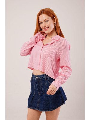 Gelirr Tek Cep Çizgili Pembe Kısa Gömlek