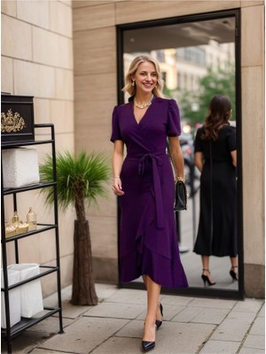 Gelirr Kadın Kruvaze Yaka Midi Boy Kuşaklı Krep Elbise 120 cm