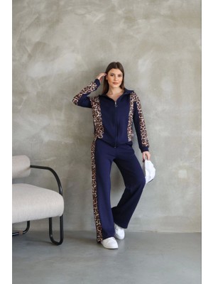 Gelirr Osy Modal Yumuşak Dokulu Kumaş Kapüşonlu Leopar Desenli Fermuarlı Takım - Lacivert