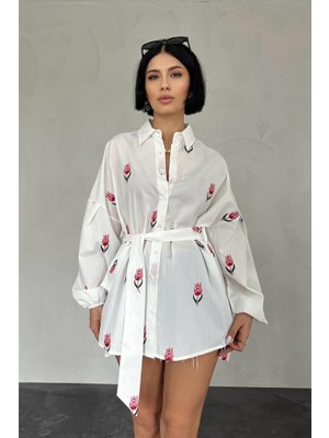 Gelirr Kırmızı Vual Metraj Nakış Kuşaklı Gömlek