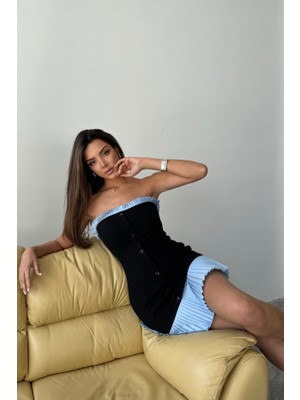 Gelirr Straplez Polviskon Elbise Mavi Fırfır Detaylı - Siyah