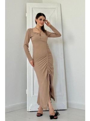 Gelirr Bej Askılı ve Yırtmaçlı Elbise