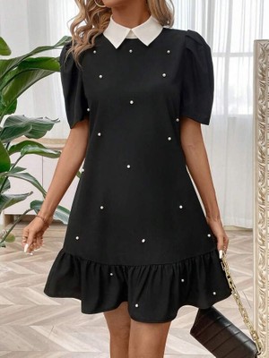 Gelirr Kadın Kısa Kollu Yakalı Inci Detaylı Kısa Ithal Krep Elbise