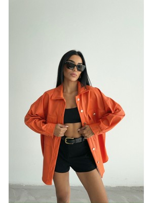 Gelirr Düğmeli Deri Gömlek Boyfriend - Turuncu