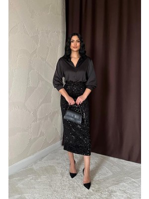 Gelirr Siyah Pulpayetli Parlak Etek