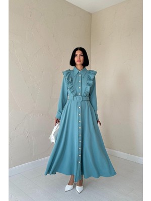 Gelirr Mint Fırfırlı Dantelli Elbise