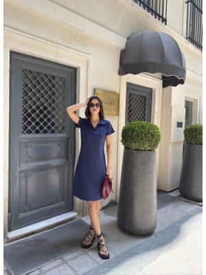 Gelirr Osy Modal Yumuşak Dokulu Kumaş Yakalı Kısa Kollu Elbise - Mavi