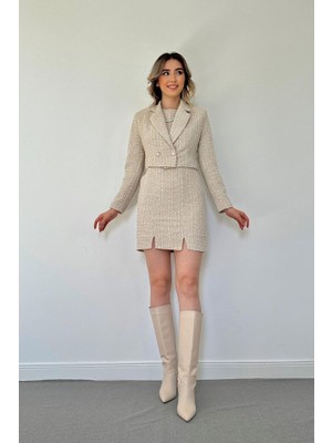 Gelirr Bej Düğmeli Ceket ve Elbise Takım
