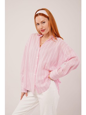 Gelirr Kol Düğmeli Çizgili Pembe Gömlek